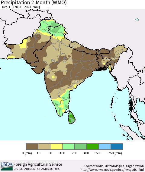 Southern Asia Precipitation 2-Month (WMO) Thematic Map For 12/1/2022 - 1/31/2023