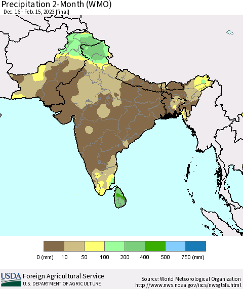 Southern Asia Precipitation 2-Month (WMO) Thematic Map For 12/16/2022 - 2/15/2023