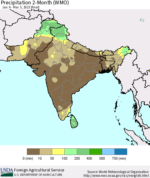Southern Asia Precipitation 2-Month (WMO) Thematic Map For 1/6/2023 - 3/5/2023