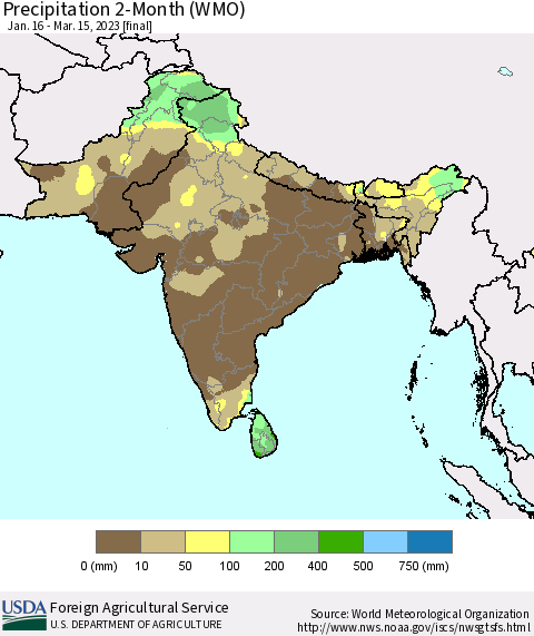 Southern Asia Precipitation 2-Month (WMO) Thematic Map For 1/16/2023 - 3/15/2023
