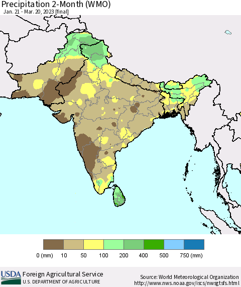 Southern Asia Precipitation 2-Month (WMO) Thematic Map For 1/21/2023 - 3/20/2023