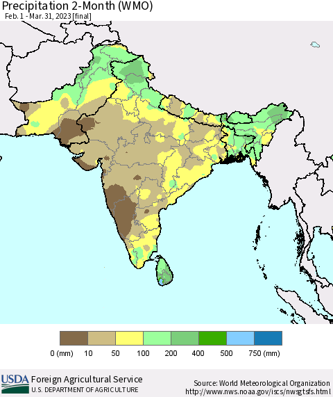 Southern Asia Precipitation 2-Month (WMO) Thematic Map For 2/1/2023 - 3/31/2023