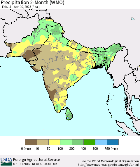 Southern Asia Precipitation 2-Month (WMO) Thematic Map For 2/11/2023 - 4/10/2023