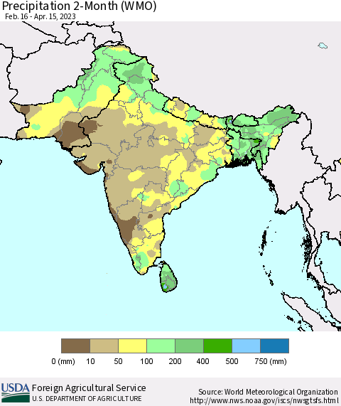 Southern Asia Precipitation 2-Month (WMO) Thematic Map For 2/16/2023 - 4/15/2023