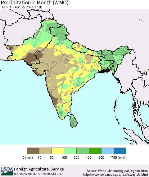 Southern Asia Precipitation 2-Month (WMO) Thematic Map For 2/26/2023 - 4/25/2023