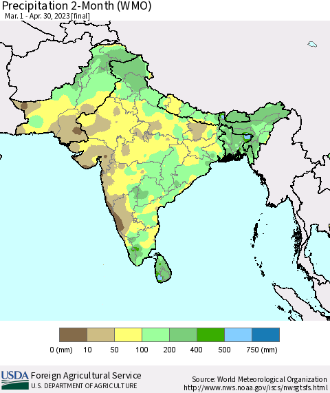Southern Asia Precipitation 2-Month (WMO) Thematic Map For 3/1/2023 - 4/30/2023