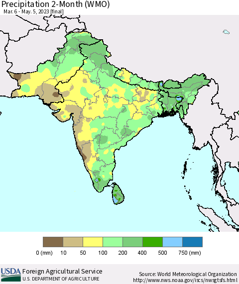 Southern Asia Precipitation 2-Month (WMO) Thematic Map For 3/6/2023 - 5/5/2023