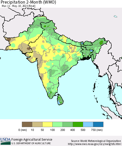 Southern Asia Precipitation 2-Month (WMO) Thematic Map For 3/11/2023 - 5/10/2023