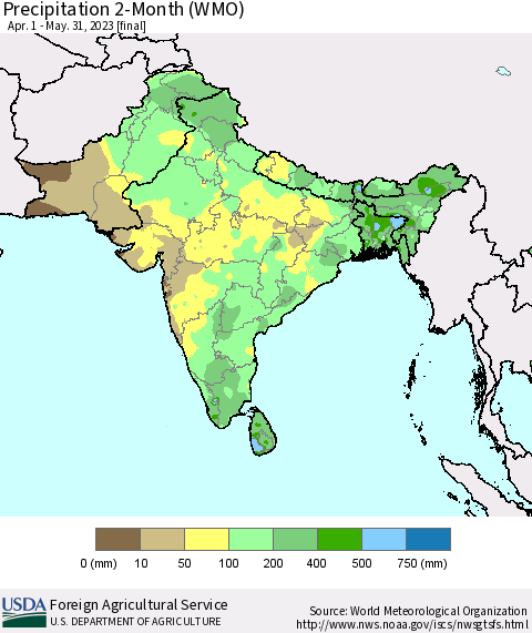 Southern Asia Precipitation 2-Month (WMO) Thematic Map For 4/1/2023 - 5/31/2023