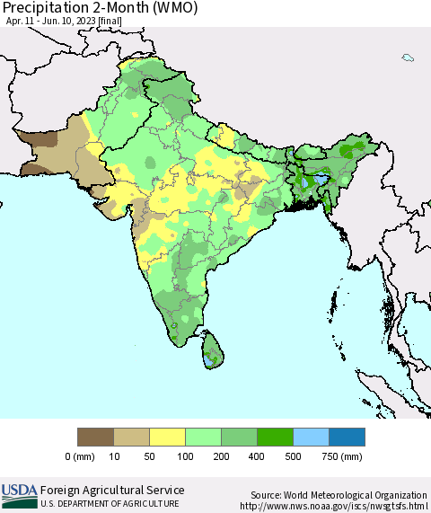 Southern Asia Precipitation 2-Month (WMO) Thematic Map For 4/11/2023 - 6/10/2023