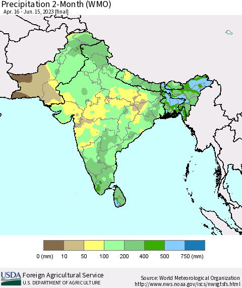 Southern Asia Precipitation 2-Month (WMO) Thematic Map For 4/16/2023 - 6/15/2023