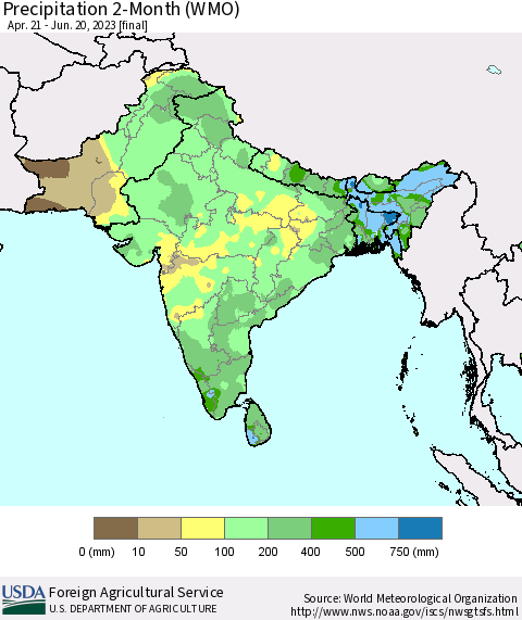 Southern Asia Precipitation 2-Month (WMO) Thematic Map For 4/21/2023 - 6/20/2023