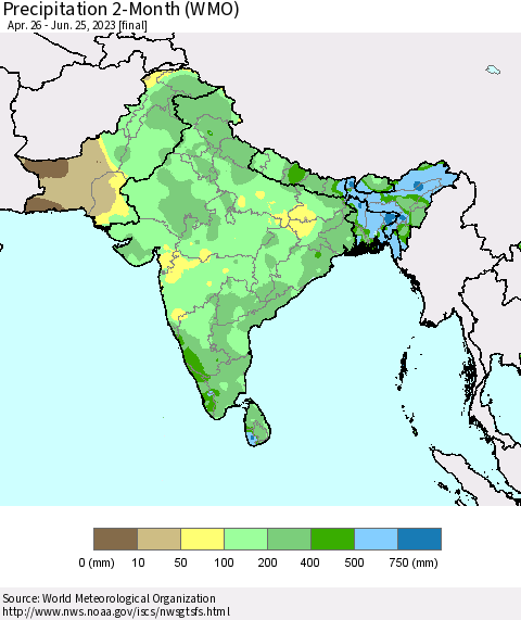Southern Asia Precipitation 2-Month (WMO) Thematic Map For 4/26/2023 - 6/25/2023