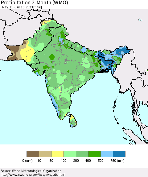 Southern Asia Precipitation 2-Month (WMO) Thematic Map For 5/11/2023 - 7/10/2023