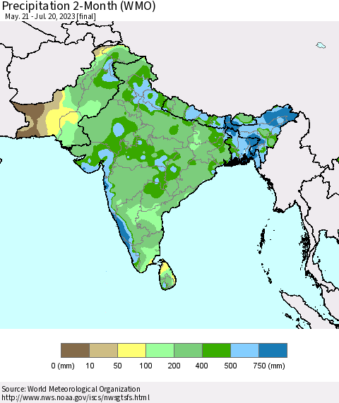Southern Asia Precipitation 2-Month (WMO) Thematic Map For 5/21/2023 - 7/20/2023