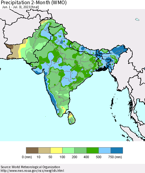 Southern Asia Precipitation 2-Month (WMO) Thematic Map For 6/1/2023 - 7/31/2023