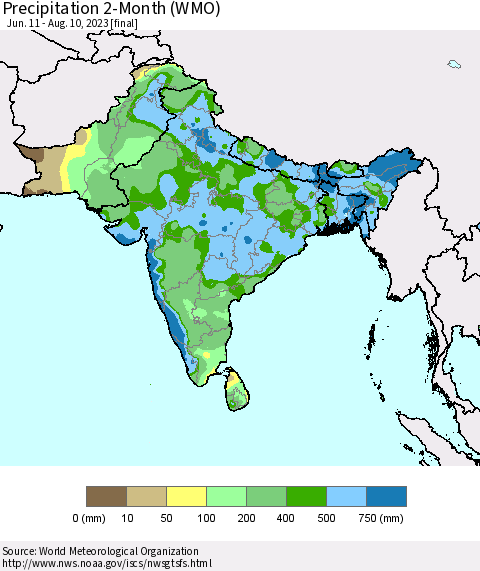 Southern Asia Precipitation 2-Month (WMO) Thematic Map For 6/11/2023 - 8/10/2023