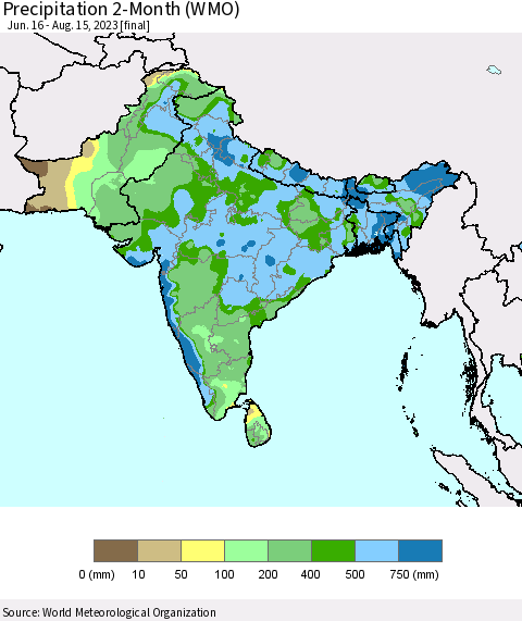 Southern Asia Precipitation 2-Month (WMO) Thematic Map For 6/16/2023 - 8/15/2023