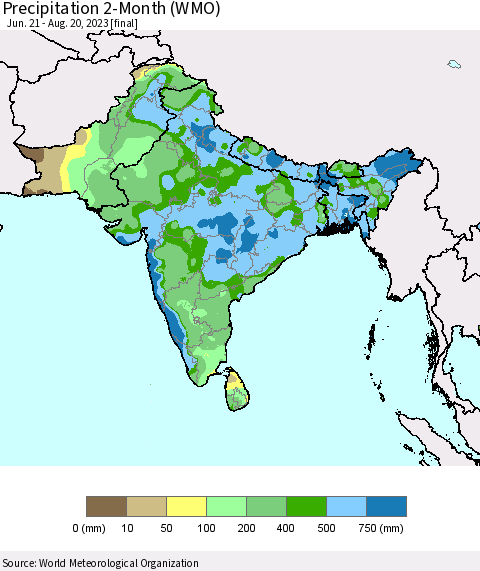 Southern Asia Precipitation 2-Month (WMO) Thematic Map For 6/21/2023 - 8/20/2023