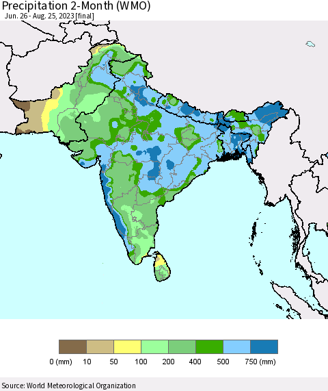 Southern Asia Precipitation 2-Month (WMO) Thematic Map For 6/26/2023 - 8/25/2023