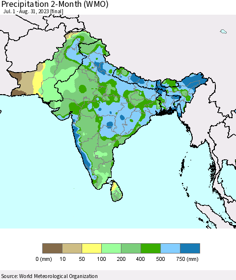 Southern Asia Precipitation 2-Month (WMO) Thematic Map For 7/1/2023 - 8/31/2023