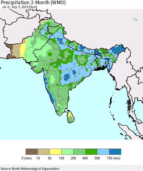 Southern Asia Precipitation 2-Month (WMO) Thematic Map For 7/6/2023 - 9/5/2023