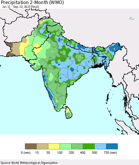 Southern Asia Precipitation 2-Month (WMO) Thematic Map For 7/11/2023 - 9/10/2023