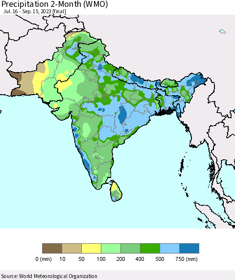 Southern Asia Precipitation 2-Month (WMO) Thematic Map For 7/16/2023 - 9/15/2023
