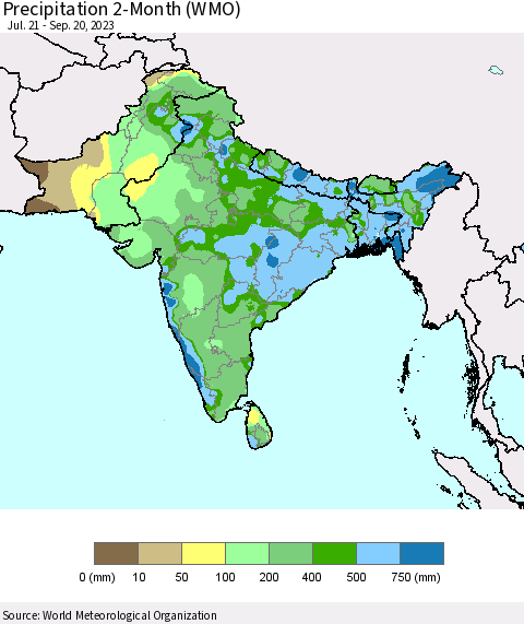 Southern Asia Precipitation 2-Month (WMO) Thematic Map For 7/21/2023 - 9/20/2023