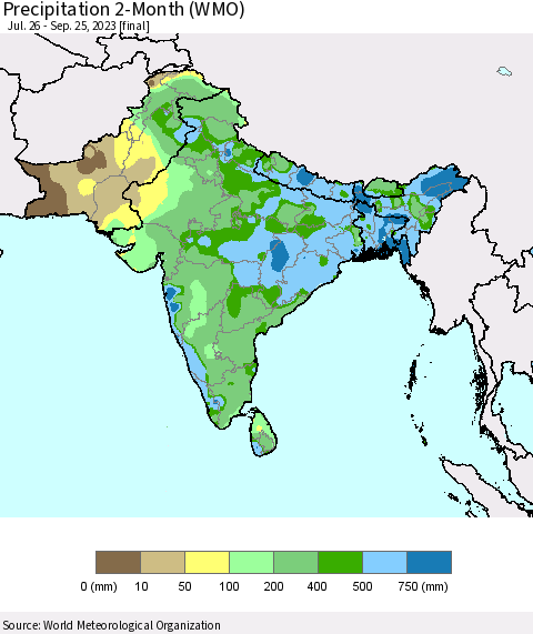 Southern Asia Precipitation 2-Month (WMO) Thematic Map For 7/26/2023 - 9/25/2023
