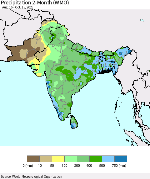 Southern Asia Precipitation 2-Month (WMO) Thematic Map For 8/16/2023 - 10/15/2023