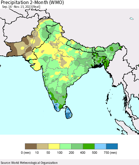 Southern Asia Precipitation 2-Month (WMO) Thematic Map For 9/16/2023 - 11/15/2023