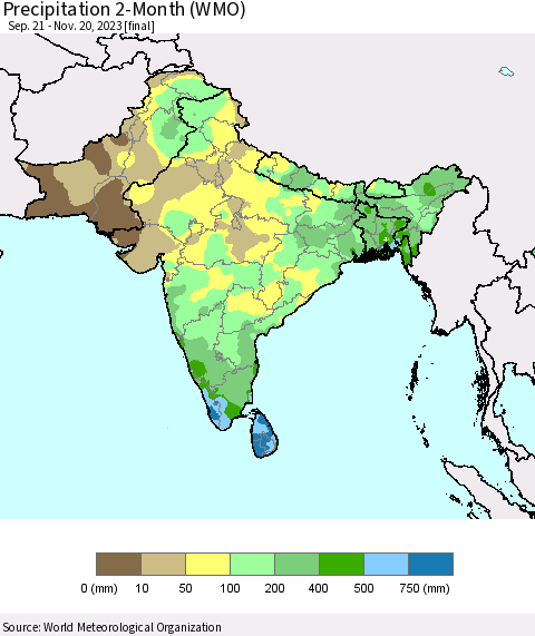 Southern Asia Precipitation 2-Month (WMO) Thematic Map For 9/21/2023 - 11/20/2023