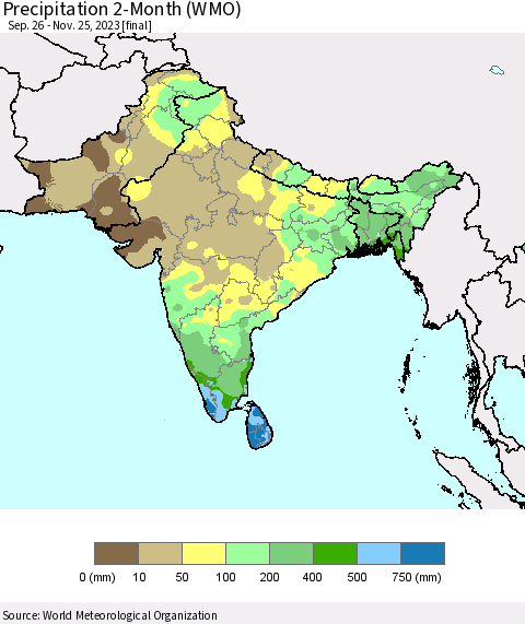Southern Asia Precipitation 2-Month (WMO) Thematic Map For 9/26/2023 - 11/25/2023