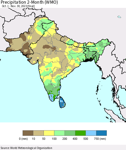 Southern Asia Precipitation 2-Month (WMO) Thematic Map For 10/1/2023 - 11/30/2023