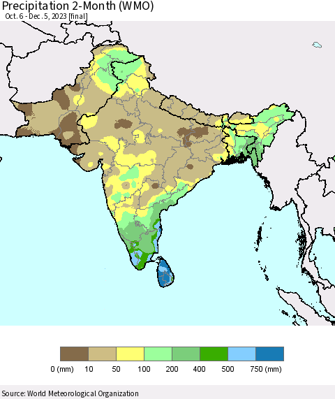 Southern Asia Precipitation 2-Month (WMO) Thematic Map For 10/6/2023 - 12/5/2023