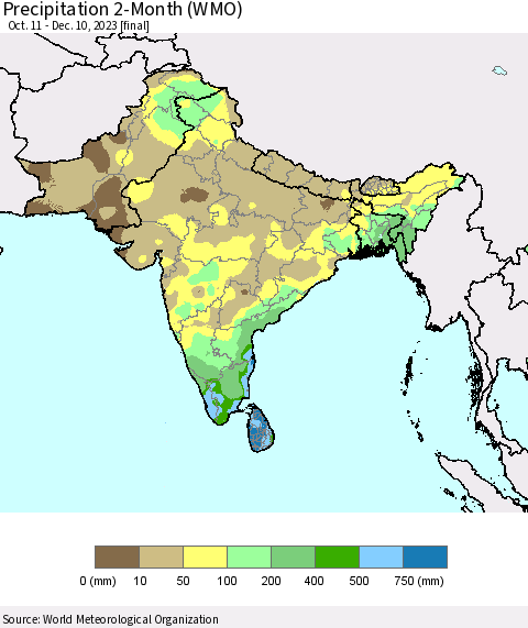 Southern Asia Precipitation 2-Month (WMO) Thematic Map For 10/11/2023 - 12/10/2023
