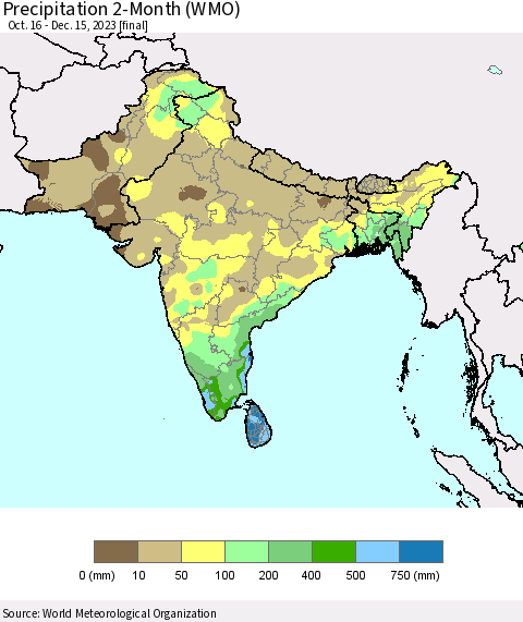 Southern Asia Precipitation 2-Month (WMO) Thematic Map For 10/16/2023 - 12/15/2023