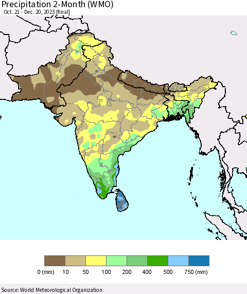 Southern Asia Precipitation 2-Month (WMO) Thematic Map For 10/21/2023 - 12/20/2023