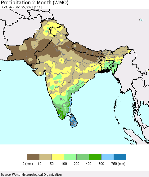 Southern Asia Precipitation 2-Month (WMO) Thematic Map For 10/26/2023 - 12/25/2023