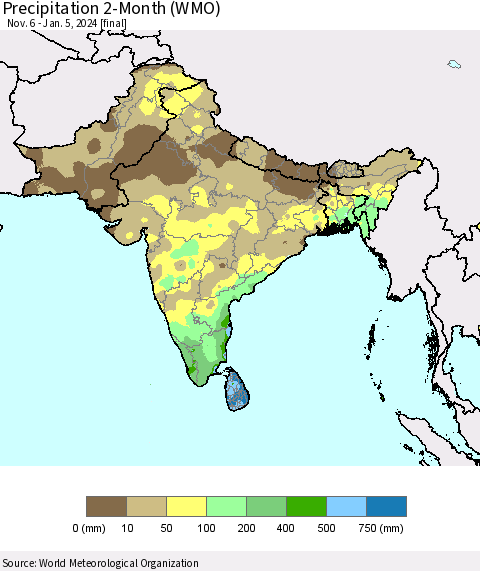 Southern Asia Precipitation 2-Month (WMO) Thematic Map For 11/6/2023 - 1/5/2024