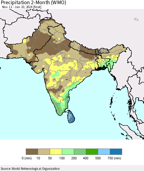 Southern Asia Precipitation 2-Month (WMO) Thematic Map For 11/11/2023 - 1/10/2024