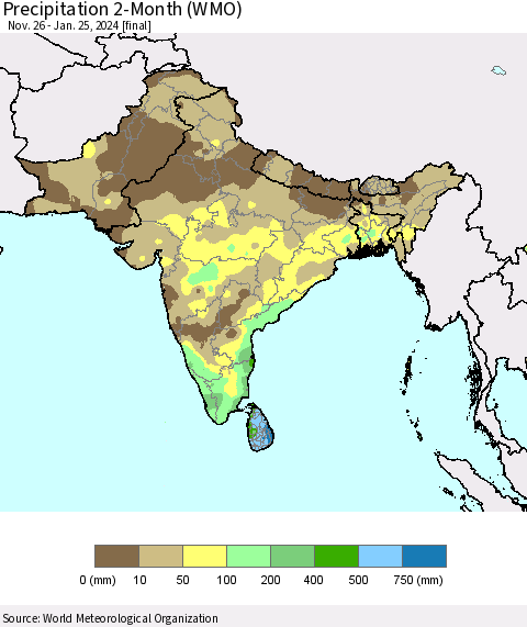Southern Asia Precipitation 2-Month (WMO) Thematic Map For 11/26/2023 - 1/25/2024