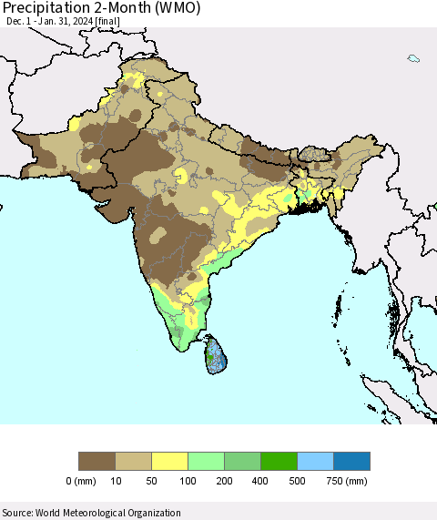 Southern Asia Precipitation 2-Month (WMO) Thematic Map For 12/1/2023 - 1/31/2024