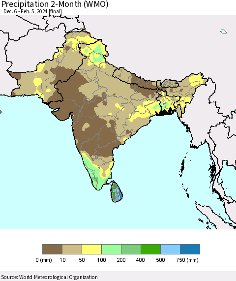 Southern Asia Precipitation 2-Month (WMO) Thematic Map For 12/6/2023 - 2/5/2024