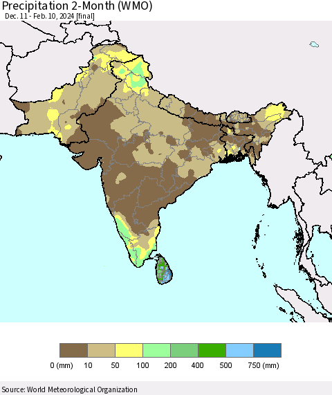 Southern Asia Precipitation 2-Month (WMO) Thematic Map For 12/11/2023 - 2/10/2024