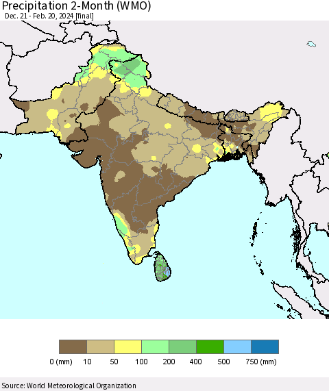 Southern Asia Precipitation 2-Month (WMO) Thematic Map For 12/21/2023 - 2/20/2024