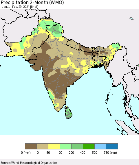Southern Asia Precipitation 2-Month (WMO) Thematic Map For 1/1/2024 - 2/29/2024