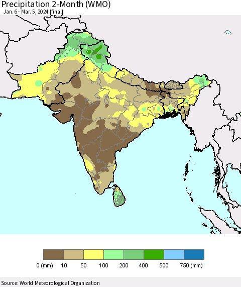 Southern Asia Precipitation 2-Month (WMO) Thematic Map For 1/6/2024 - 3/5/2024
