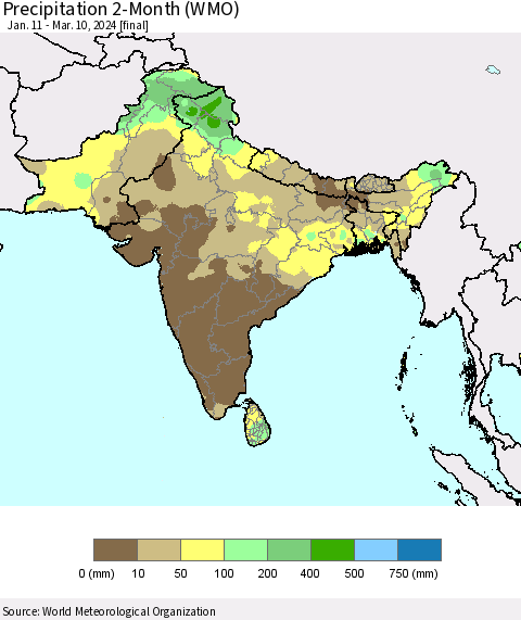 Southern Asia Precipitation 2-Month (WMO) Thematic Map For 1/11/2024 - 3/10/2024